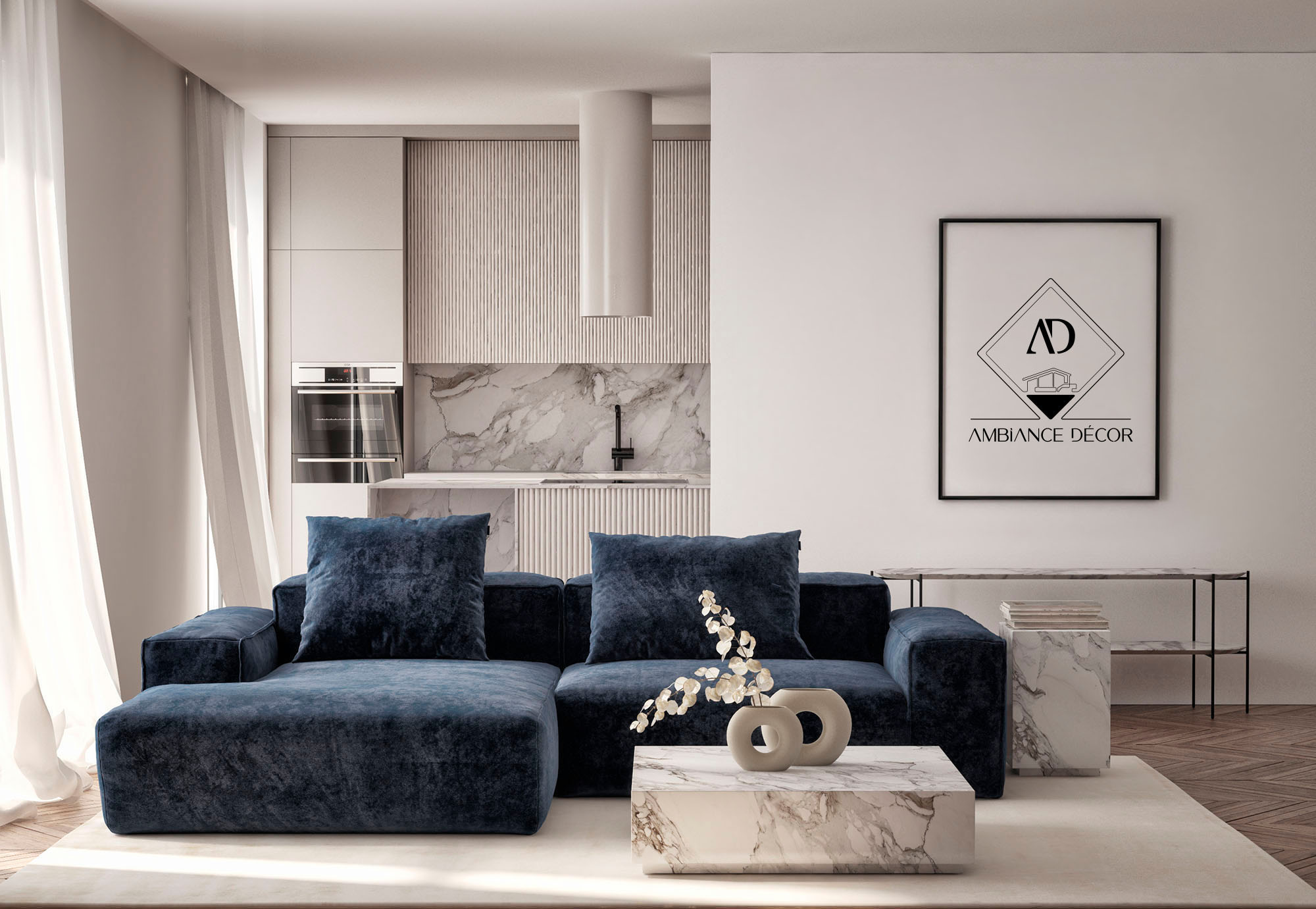 salon blanc avec canape bleu